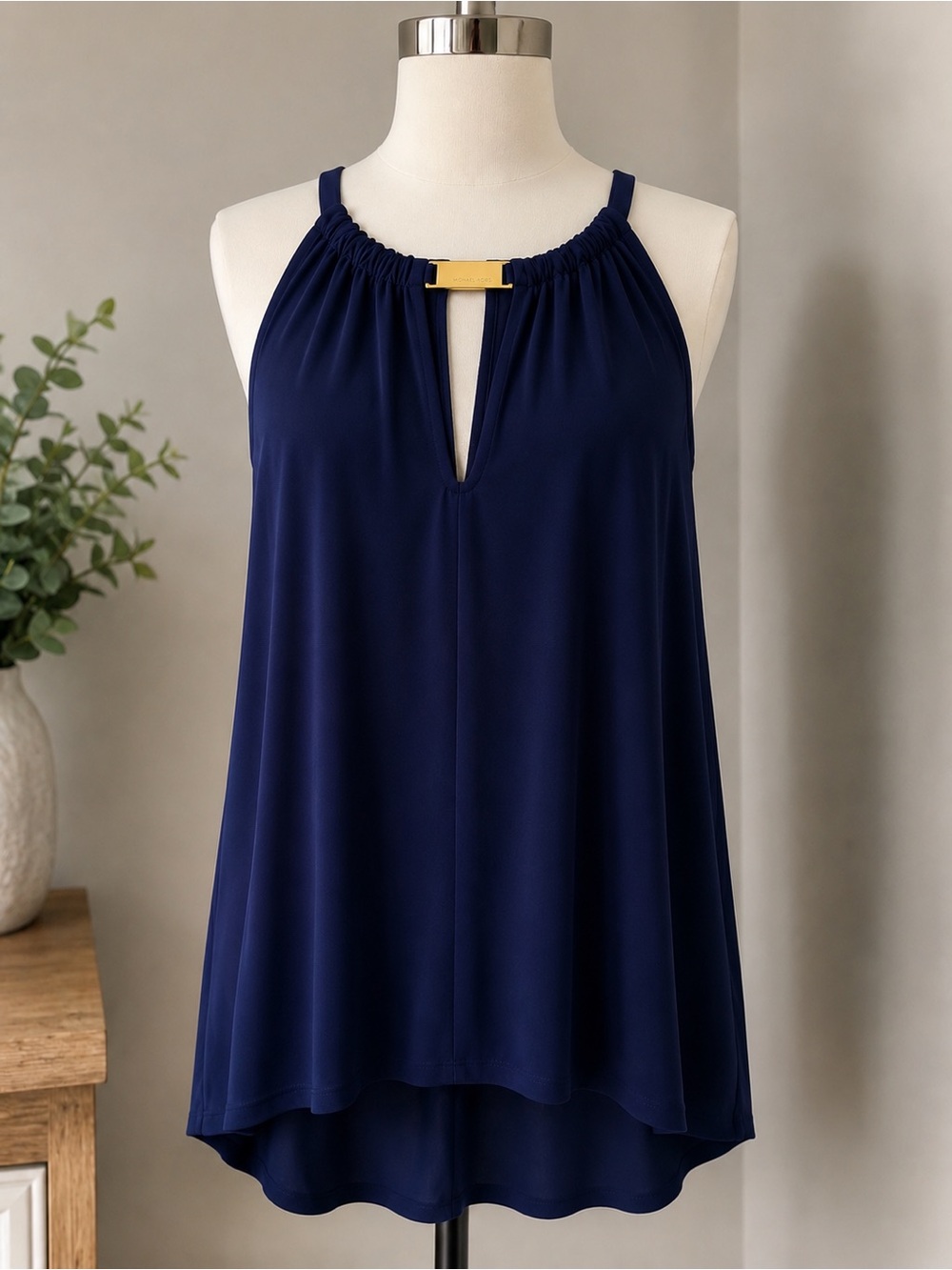 Michael Kors Navy Halter Camisole with Gold Bar Accent
